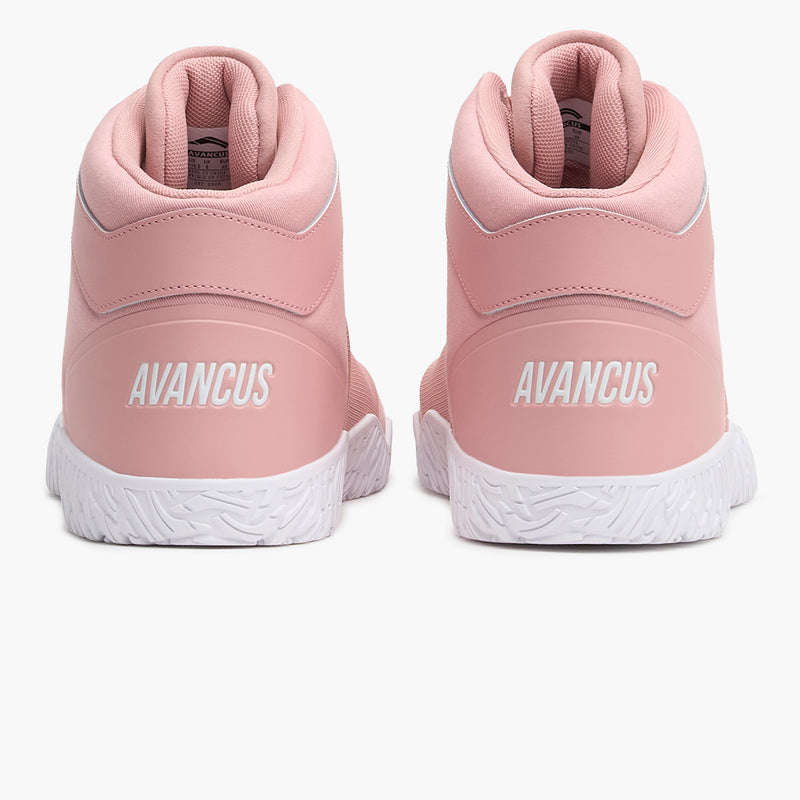 AVANCUS APEX POWER V3.0 ハイトップ レイビングローズのベアフットシューズを真後ろから左右揃えて捉え、ヒールカウンター形状と踵周りのホールド構造、白色ソールの厚みが分かる構図