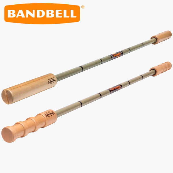 BANDBELL バンドベルバーの2モデル比較画像。上段に木製グリップと柔軟性のあるシャフトを備えたバンブーバー、下段に溝付きグリップを備えたアースクエイクバーを配置。