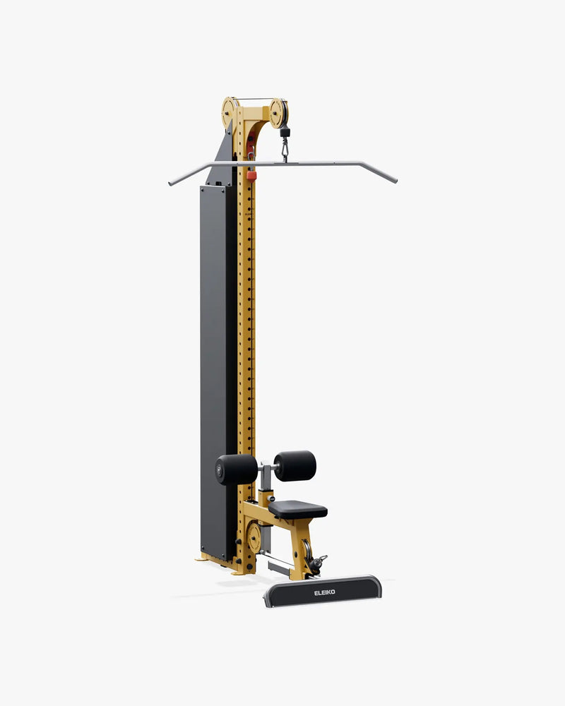 ELEIKO ラットプルダウン＆ローロウ コンボ マルチステーション型 シグナルイエローの正面斜視