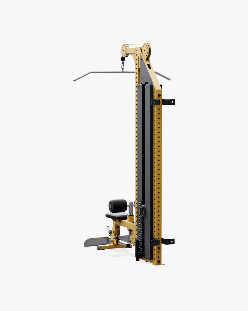 ELEIKO ラットプルダウン＆ローロウ コンボ 壁面設置型 120kg シグナルイエローの背面斜視