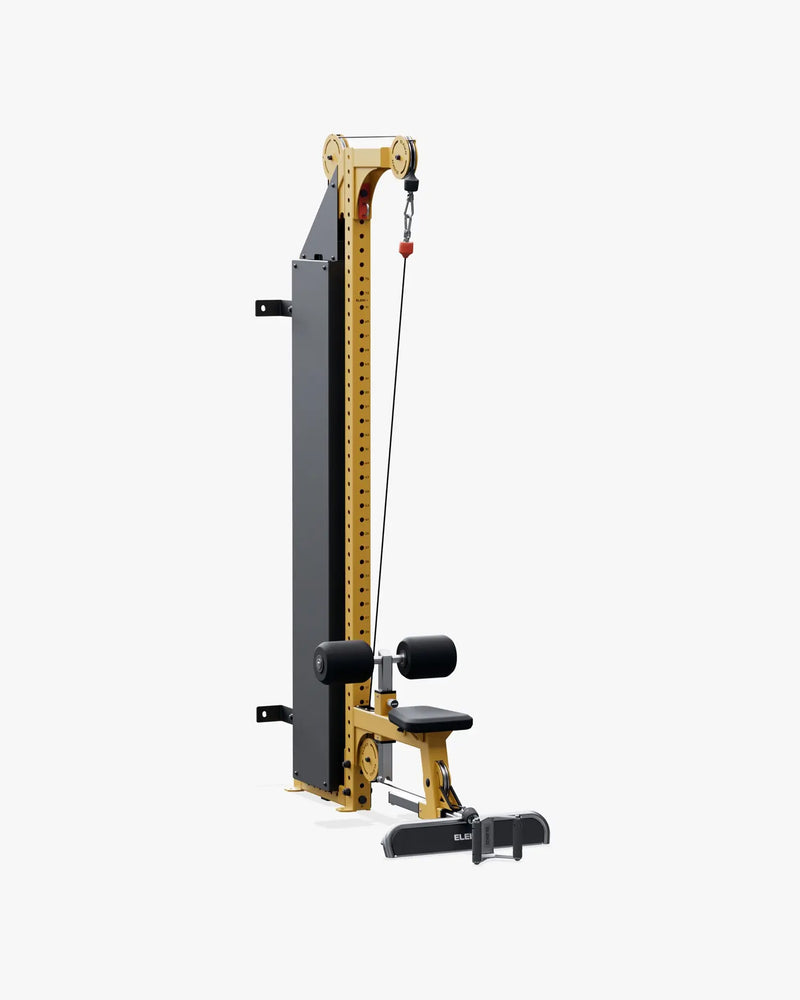 ELEIKO ラットプルダウン＆ローロウ コンボ 壁面設置型 シグナルイエローのローロウ設定 正面斜視