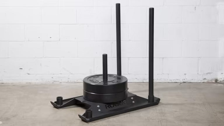 ROGUE エコードッグ スレッド ブラックにプレートを装着した状態を斜め前方から捉えた構図。中央ポストへの積載方法と全体バランスが確認できる。