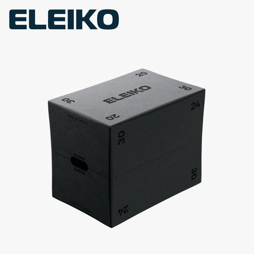 ELEIKO ハイブリッド プライオボックス グレー 正面左前方を見下ろした斜め上からの外観。30・24・20インチの高さ表示とロゴ、持ち手を確認できるコンディショニング用ボックス