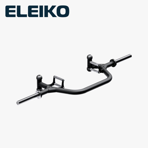 ELEIKO オープンバー ブラック 正面左前方を見下ろした全体外観。オープンフレーム形状と左右のスリーブ、ニュートラルグリップを確認できるスペシャリティーバーベル