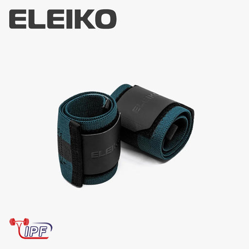 ELEIKO WL リストラップ IPF公認品 ストロングブルーを斜め上から捉えた構図。巻いた状態のリストラップ2本とELEIKOロゴ入りラバーパッチ、厚手ナイロン素材の織り生地が分かるリストラップ