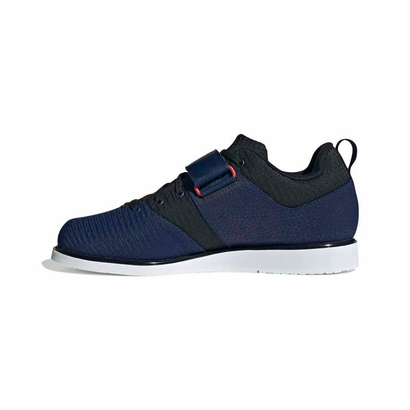 adidas パワーリフト 5 ダークブルー / シルバーメタリック / ルシッドレッドの内側面。ヒール構造とサポート性を確認できるデザイン