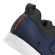 adidas パワーリフト 5 ダークブルー / シルバーメタリック / ルシッドレッドのヒール部拡大。補強されたかかと周辺と素材の質感を紹介