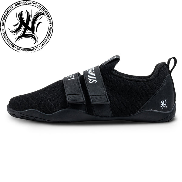 NOTORIOUS LIFTERS GEN3 ステルスカラー に使用されるブランドロゴを正面から捉え、ミニマルなデザインとステルス配色の世界観が分かる構図