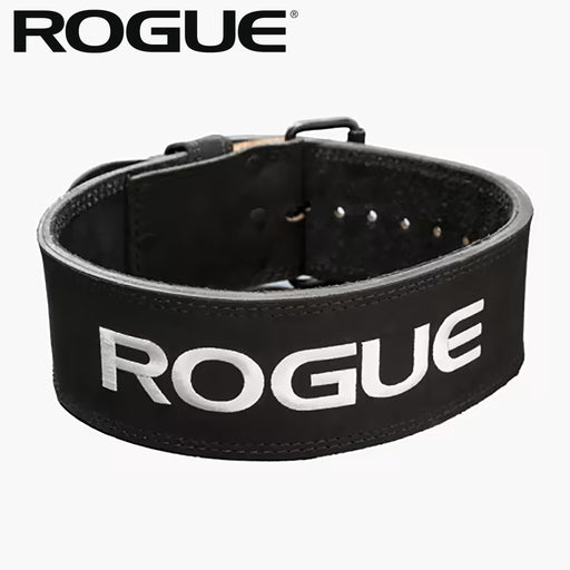 ROGUE エコー10mm リフティングベルト ブラック 上方斜め視点でROGUEロゴとベルト外周の仕上げを強調した全体フォルムが分かる構図