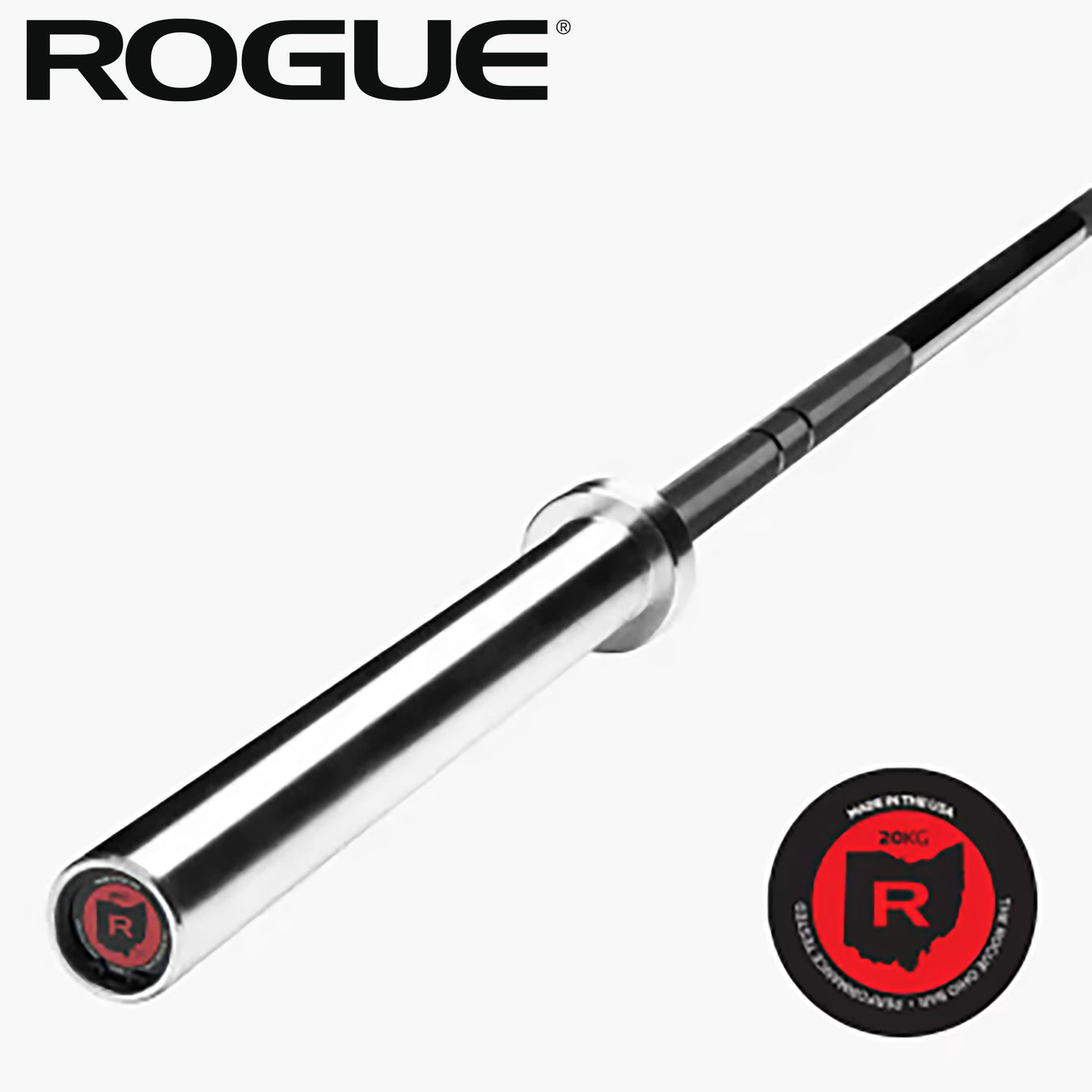 ROGUE オハイオバー Eコートシャフト/ブライトジンクスリーブの全体を斜め俯瞰で配置した構図、ブランドロゴとバー形状のバランスが分かるシンプルな角度