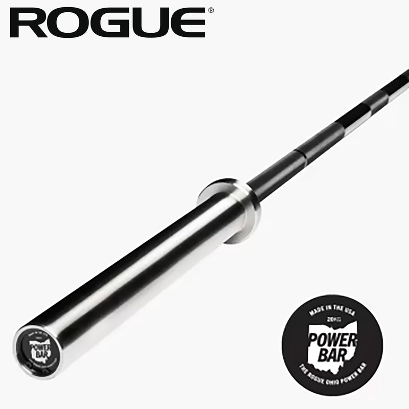 ROGUE 20KGオハイオパワーバー IPF公認品 ブラックジンクシャフト/ブライトジンクスリーブ 斜め俯瞰で全体を捉えたバーベル全景とスリーブ側先端の構造が分かる構図
