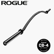 ROGUE CB-4 38mm キャンバーバー ブラック、キャンバー形状のシャフト全体を斜め上方から捉えた全体ビュー、湾曲した38mmシャフトとスリーブ構造が分かるスペシャリティバーベル