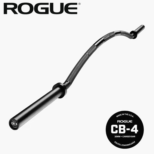 ROGUE CB-4 38mm キャンバーバー ブラック、キャンバー形状のシャフト全体を斜め上方から捉えた全体ビュー、湾曲した38mmシャフトとスリーブ構造が分かるスペシャリティバーベル