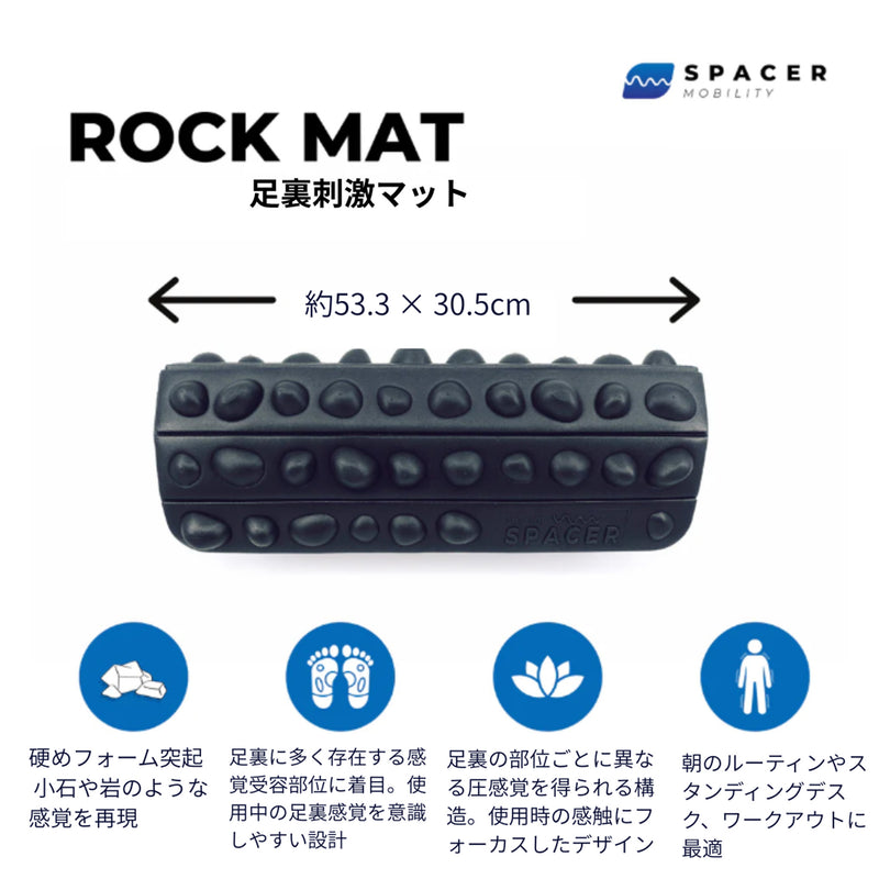 黒のROCK MATの表面ロゴ周辺を拡大した視点で、素材の質感と突起の高さ差、ブランド刻印の位置関係を確認できるディテール重視の構成