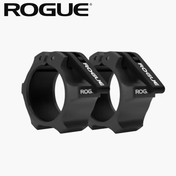 ROGUE USA アルミニウムカラー セラコート ブラック、2個セットを斜め前方から捉えた全体ビュー、アルミ製クランプとレバー構造が分かるバーベルカラー