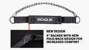 ROGUE ディップベルト ブラックの新型4インチ折り返しバックパッド構造を全体と拡大部で比較し、快適性向上を紹介する仕様説明デザイン