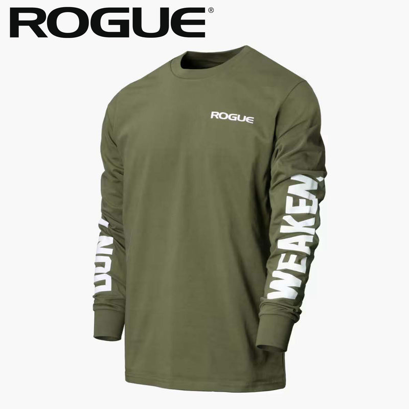 DON'T WEAKEN LONG SLEEVE T SHIRT アーミーの全体を正面斜めから見たデザイン、胸元のROGUEロゴと両袖のホワイトプリントを確認できるメンズアパレル
