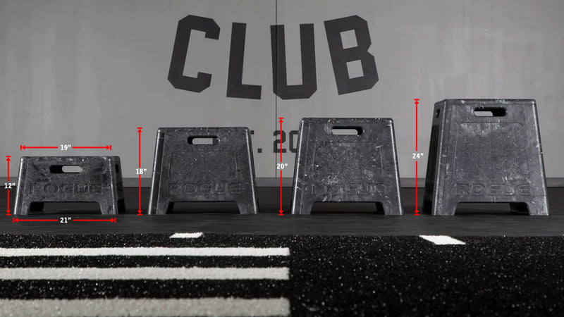 ROGUE レジン プライオボックス ブラック 複数サイズを横並びにした正面視点、12〜24インチ高さ比較とサイズ違い形状が分かる構図