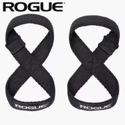 ROGUE ヘビーデューティー フィギュア 8 リフティングストラップ 2.0 ブラックを正面から捉えた製品全体ビュー、8の字形状と両ループ構造が分かるロフティングストラップ