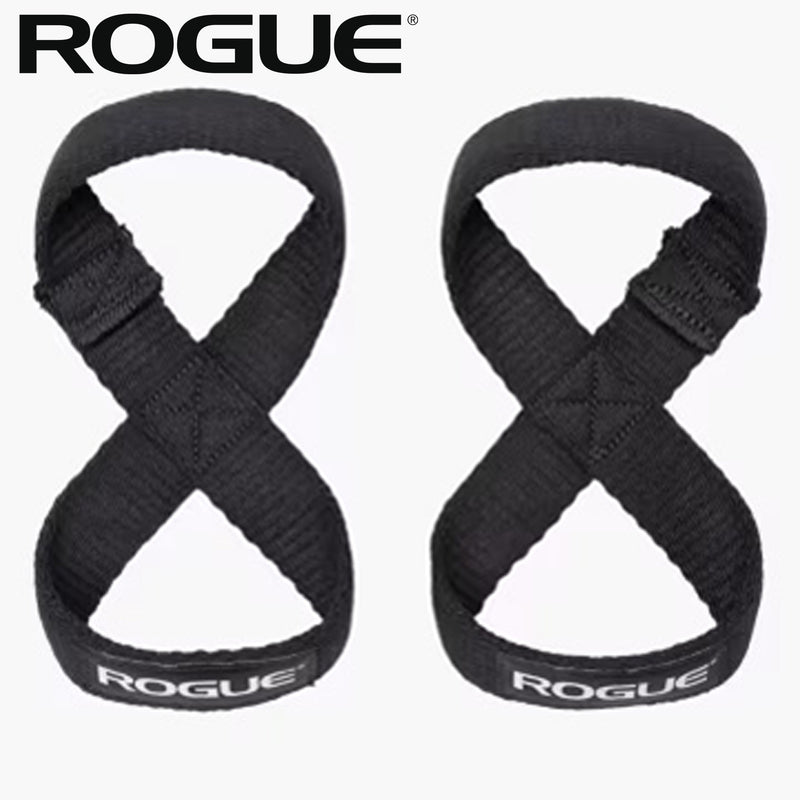 ROGUE ヘビーデューティー フィギュア 8 リフティングストラップ 2.0 ブラックを正面から捉えた製品全体ビュー、8の字形状と両ループ構造が分かるロフティングストラップ