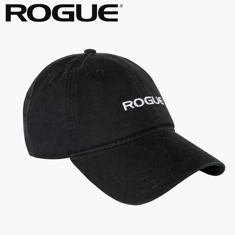 ROGUE ビンテージハット ブラック 正面やや斜め上からキャップ全体を捉えた帽子、フロントにROGUE刺繍ロゴ入りヴィンテージ風デザイン