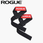 ROGUE オハイオリフティングストラップ ブラック＆レッド ロゴパッチが見える全体構図、左右ストラップを重ねた俯瞰アングルで形状とカラー配色が分かる