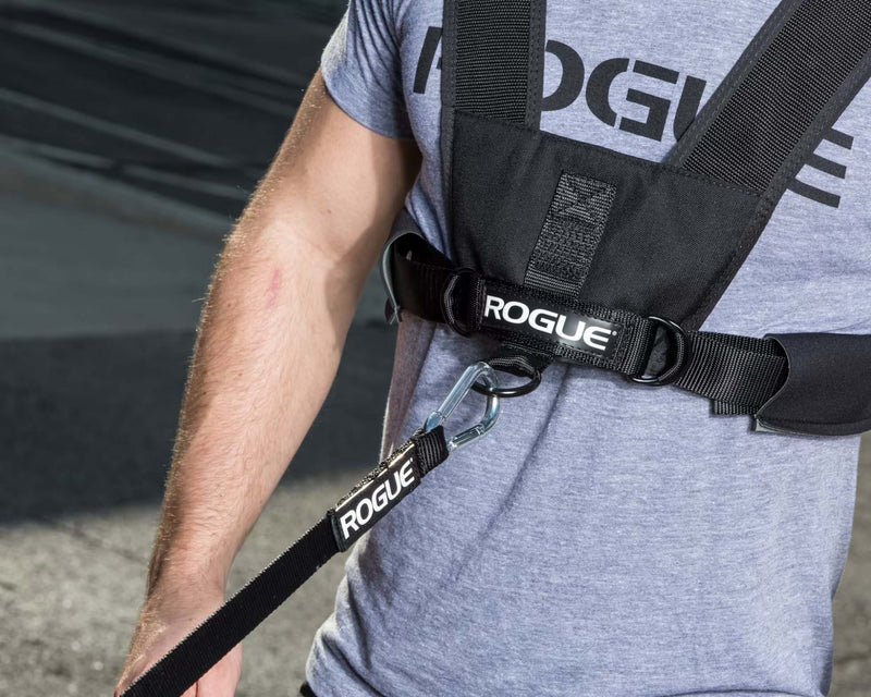 ROGUE スレッドハーネス＆ストラップキット ブラックを装着した上半身の斜め前方アップ。前側アンカーにストラップとコネクターを接続した状態