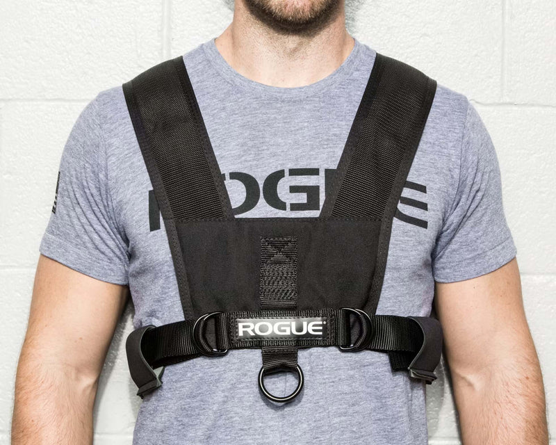 ROGUE スレッドハーネス＆ストラップキット ブラックを正面から装着した上半身。幅広のショルダー、ベルト、パッド入りリブガードと前側アンカーを確認できる構成