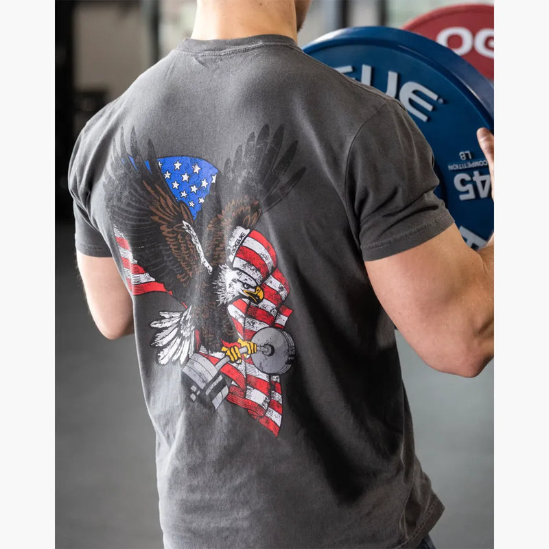 ROGUE フリーダムTシャツ チャコール 着用状態の背面を斜め後方から捉えたデザイン、イーグルと星条旗プリント入りアパレル