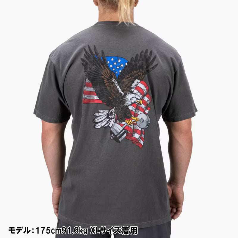 ROGUE フリーダムTシャツ チャコール 背面を正面から捉えた着用全体、イーグルと星条旗プリント入りアパレルTシャツ