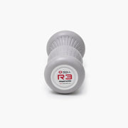 ROLL Recovery R3 フットローラー シーソルトグレーを正面端面から撮影。エンドキャップのR3ロゴとローラー全体の奥行きが分かる構図