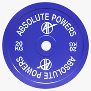 ABSOLUTE POWERS パワーリフティングプレート 20kgを真正面から表示。ブルーカラーの塗装と重量表記、均一な外周形状が確認できる構図。