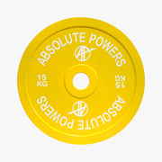 ABSOLUTE POWERS パワーリフティングプレート 15kgを正面視点で掲載。イエローカラーの表面処理とロゴ配置、中央穴の精度が分かる構図。