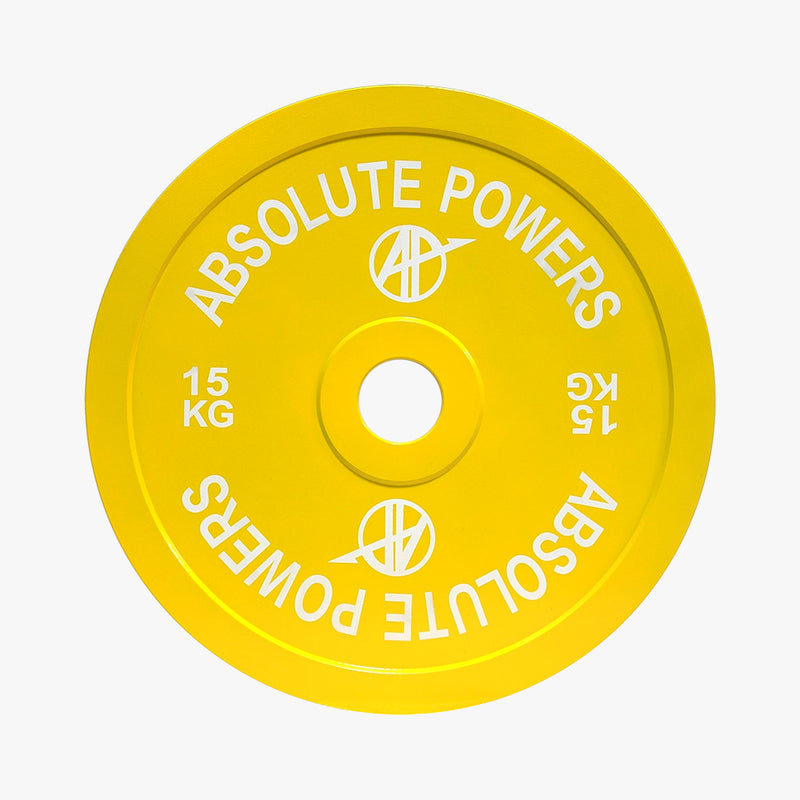 ABSOLUTE POWERS パワーリフティングプレート 15kgを正面視点で掲載。イエローカラーの表面処理とロゴ配置、中央穴の精度が分かる構図。
