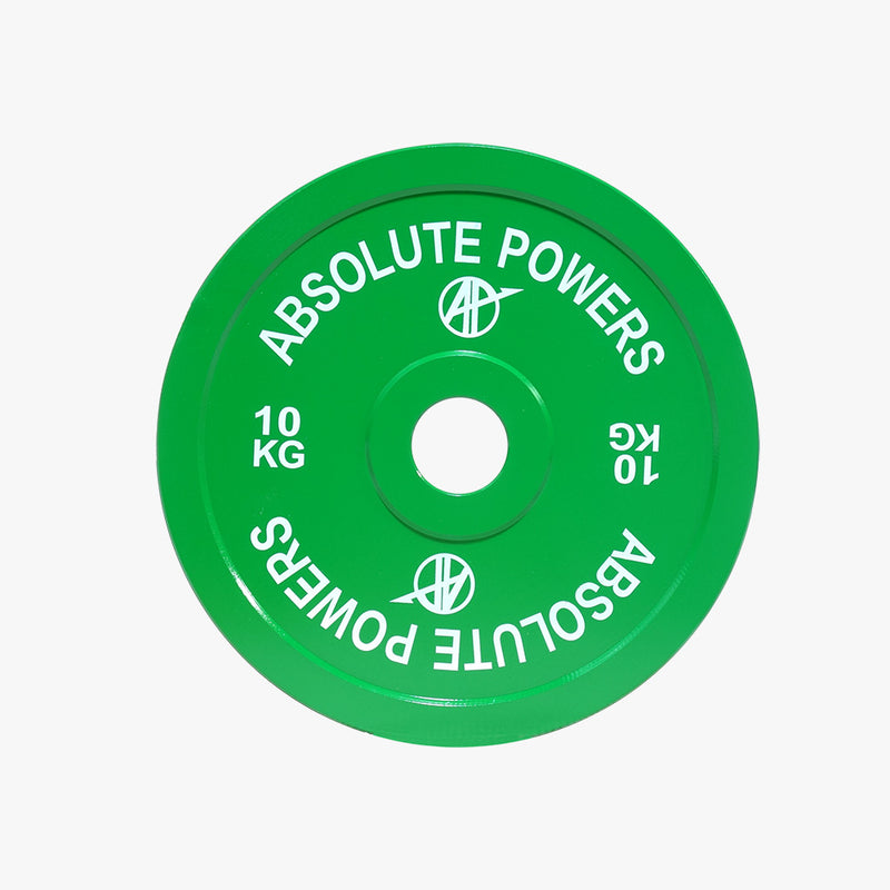 ABSOLUTE POWERS パワーリフティングプレート 10kgを正面から撮影。グリーンカラーの外観と重量表記、外周エッジの均一さが伝わる視点。