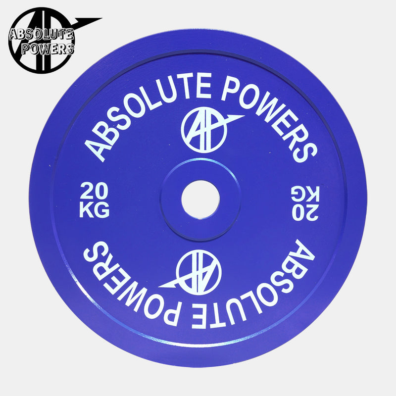 ABSOLUTE POWERS パワーリフティングプレート 20kgをロゴ入りで正面から表示。ブルーカラーの表面とブランドロゴの配置が強調された視点。