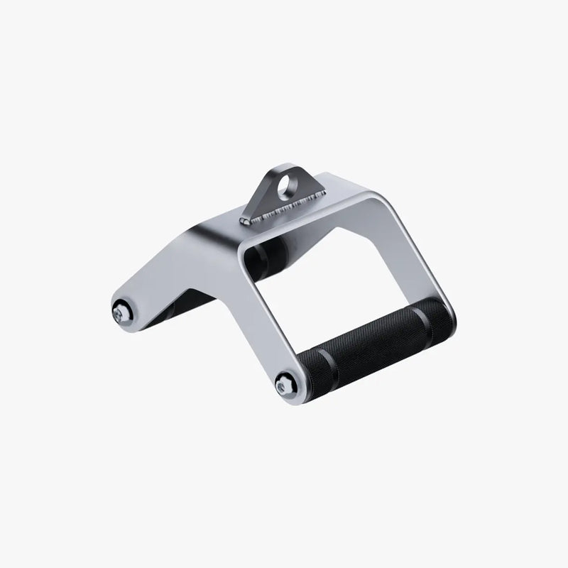 シルバーとブラックのニュートラルグリップローロウハンドルを背面寄りの角度から示し、上部アイレット金具とブラックグリップ部の固定ボルトが確認できるELEIKOケーブルアタッチメント