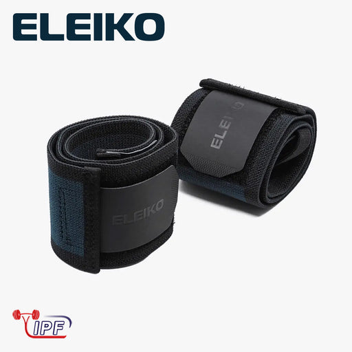 ELEIKO PLリストラップ ミディアム IPF公認品 ストロングブルー 正面斜め視点で巻いた状態と展開状態を並べた全体構造とロゴ部分のディテール