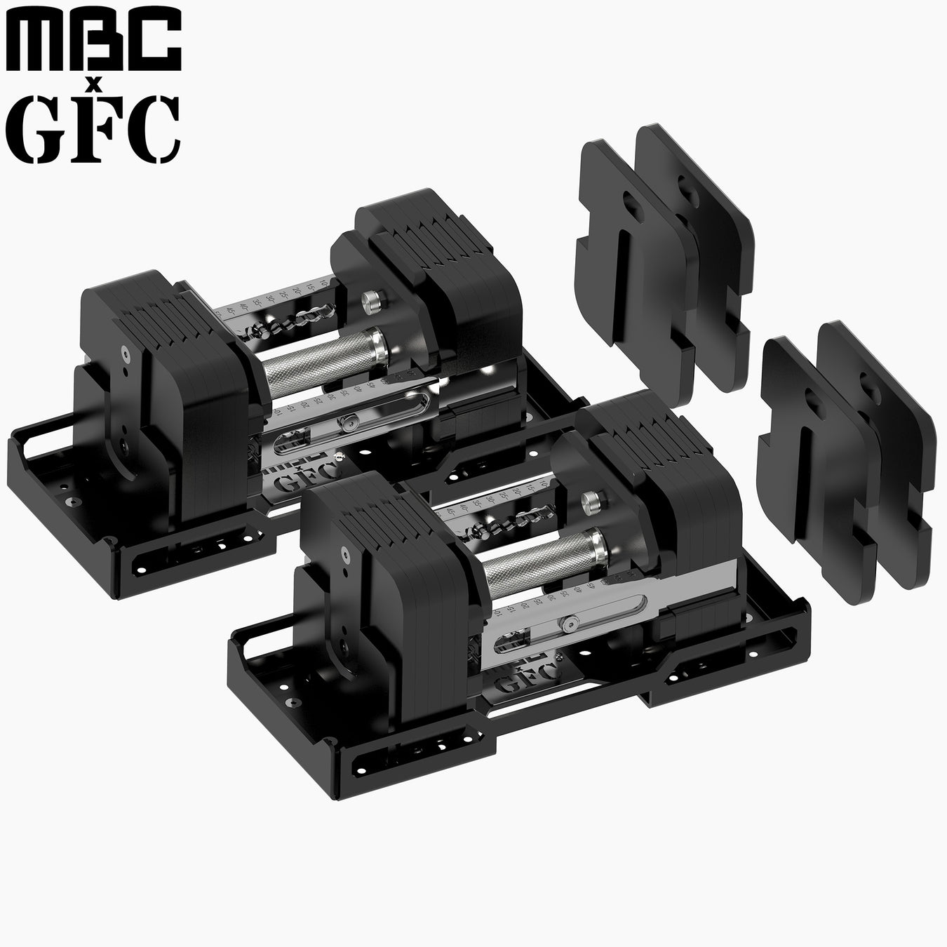 MBC×GFC デュアルアジャスタブルダンベル 35kg 2個セット ブラック、ダンベルを台座に載せた左右ペアの3/4俯瞰アングル、重量調整ダイヤルとローレット加工グリップ、プレート構造が分かる全体構成