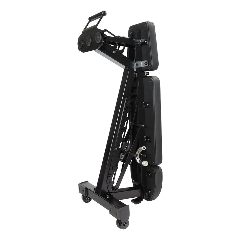 MBC アジャスタブルベンチ コンパクト 2.0 ブラックの脚部側面を近距離で捉え、安定性を高めるフレーム接合部とハンドル形状を確認できる構造