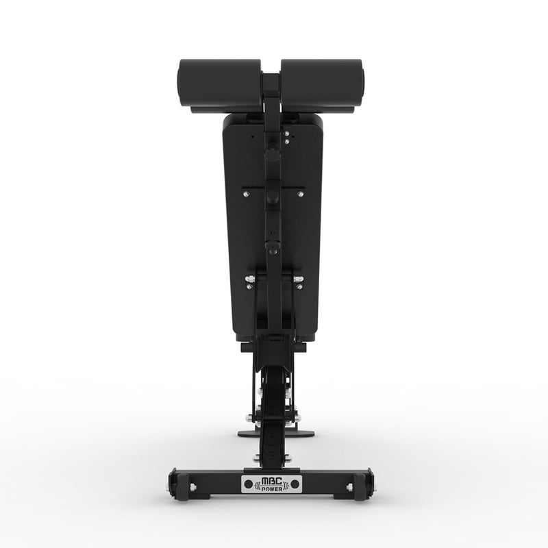 MBC FID アジャスタブル ベンチ ブラックを背面側から確認できる構図、リアフレームと角度調整プレートの配置が把握できる後方視点