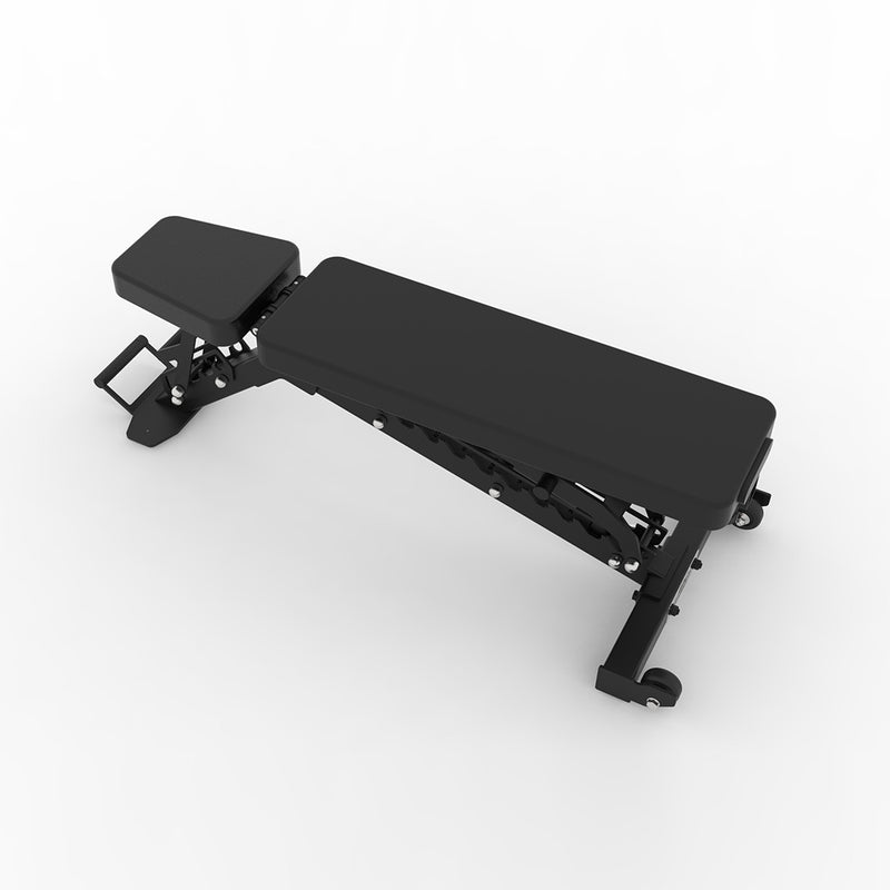 MBC FID アジャスタブル ベンチ ブラックの背もたれ角度調整部を側面から捉え、ノッチ構造と可動域の広さが確認できる詳細視点