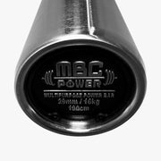 MBC ショートスリーブ パワーバー ブラック エンドキャップ正面の接写。ロゴ刻印と29mm・16kg・190cmの仕様表記を明瞭に確認できる構図