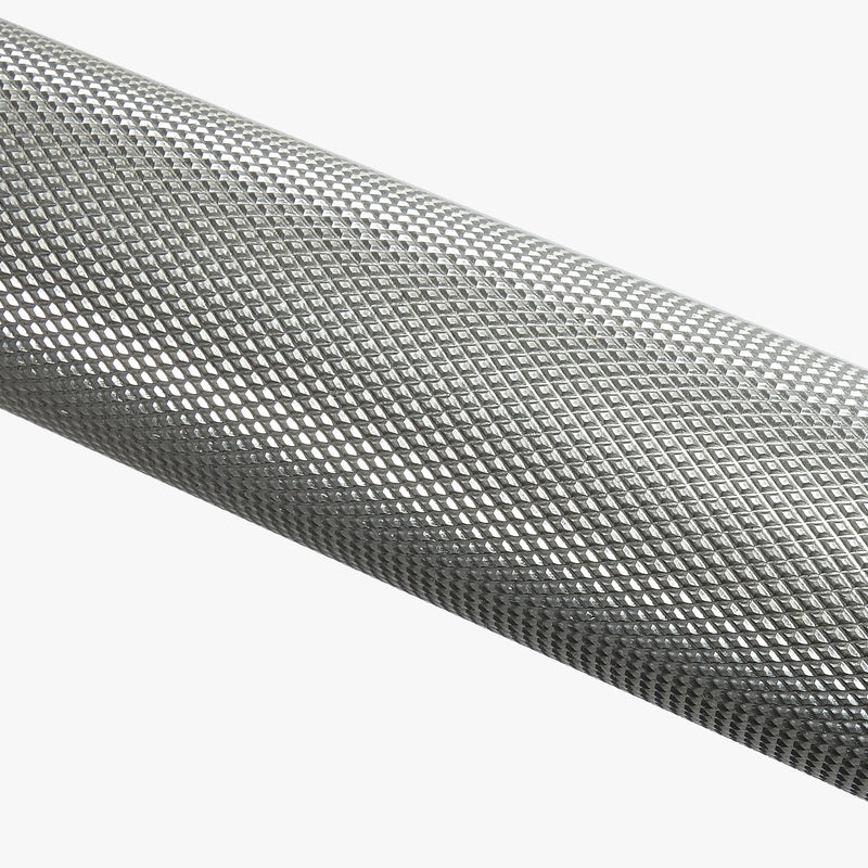 MBC ショートスリーブ パワーバー ステンレス シャフト中央のクローズアップ。無垢ステンレス特有の質感と精密なローレット加工を確認できる視点