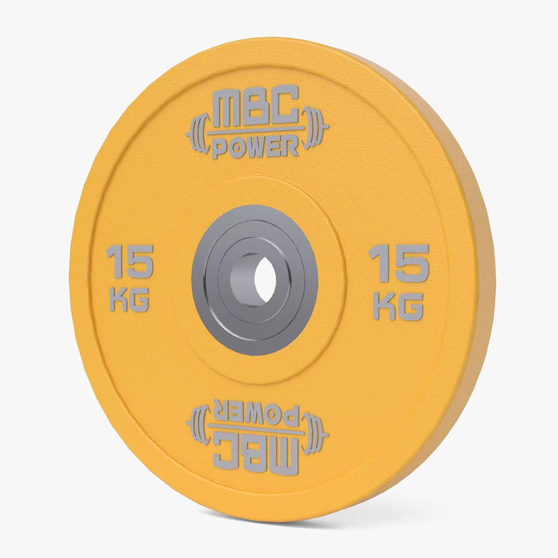 MBC ウレタンバンパープレート イエロー 15kgを正面から配置したビュー、ロゴ配置と外周形状が分かる構図