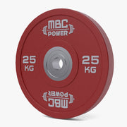 MBC ウレタンバンパープレート レッド 25kgを正面から撮影したビュー、ロゴと重量表示、外周の厚みが分かる構図