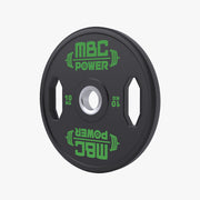 MBC ウレタングリッププレート 10kgを正面から撮影。ブラックのウレタンにグリーン表記を採用し、グリップホールと中央ハブがはっきり分かる構図。