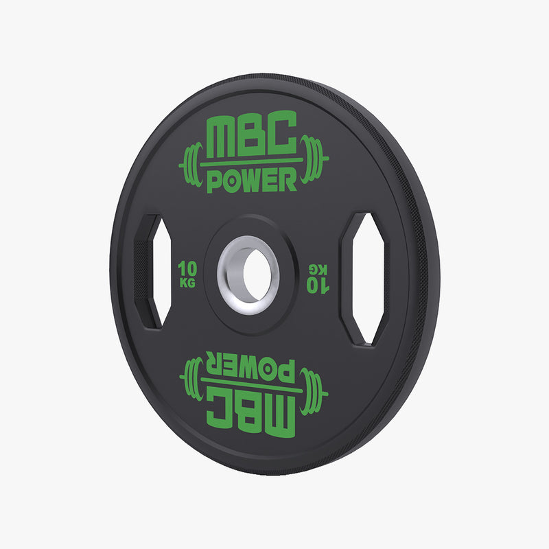 MBC ウレタングリッププレート 10kgを正面から撮影。ブラックのウレタンにグリーン表記を採用し、グリップホールと中央ハブがはっきり分かる構図。