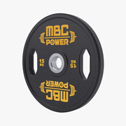 MBC ウレタングリッププレート 15kgを正面視点で掲載。ブラックボディにイエロー表記を配し、重量識別と持ち手形状が確認できる構図。