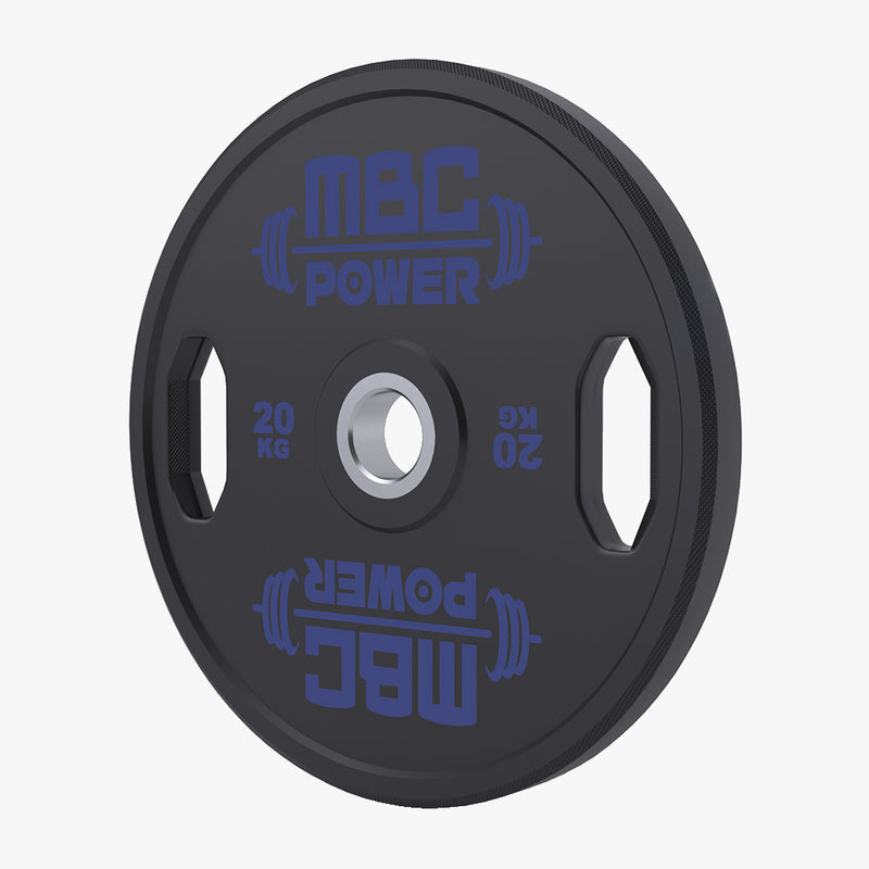 MBC ウレタングリッププレート 20kgを正面から捉えた構図。ブラックの外周にブルー表記、左右の大型グリップホールと金属ハブが分かる。